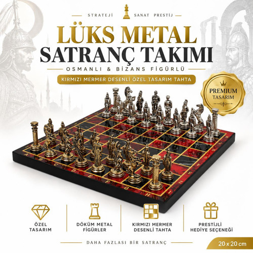 Lüks Metal Satranç Takımı Osmanlı Bizans Figürlü Krom Kırmızı Mermer Desenli 20 x 20 Premium Hediye