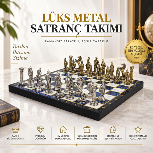 Lüks Metal Satranç Takımı Osmanlı Bizans Figürlü Krom Mavi Mermer Desenli 20x20 Premium Hediye Seti