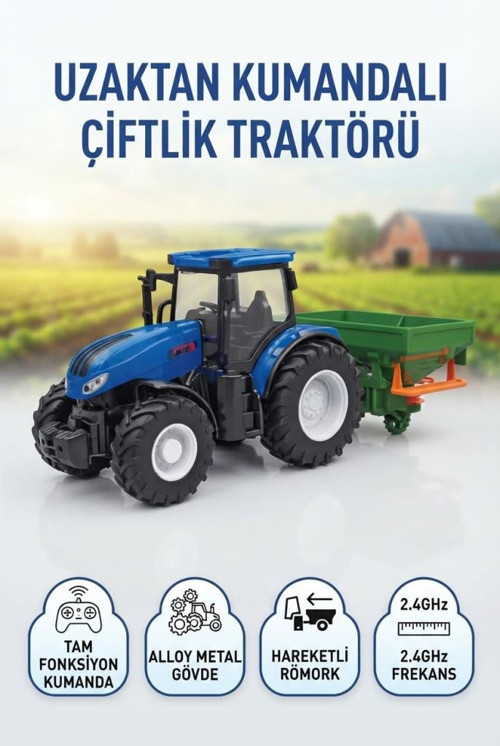 Uzaktan Kumandalı Gerçek Görünüşlü 1:24 Ölçekli 6 Fonksiyonlu Çiftlik Aleti Römorklu Oyuncak Traktör