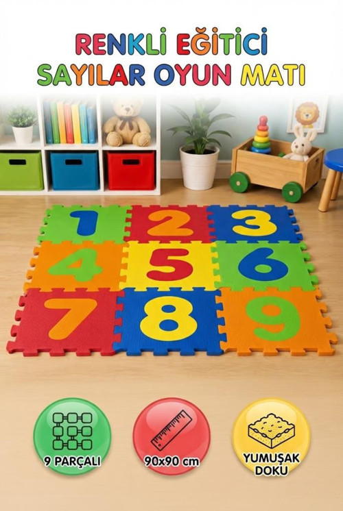 Eğitici Sayılar Çıkarılabilir Parçalı Oyun Matı 9 Parça Modüler Yapılı 90 x 90 CM Oyun Halısı
