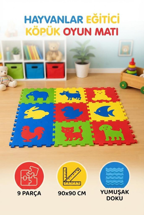 Eğitici Hayvanlar Çıkarılabilir Parçalı Oyun Matı 9 Parça Modüler Yapılı 90 x 90 CM Oyun Halısı
