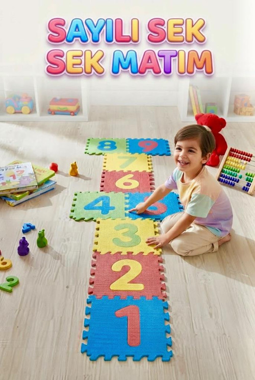 Eğitici Sek Sek Çıkarılabilir Parçalı Oyun Matı 9 Parça Modüler Yapılı 90 x 90 CM Oyun Halısı