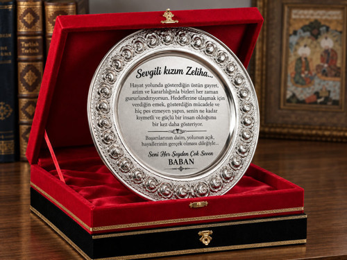 Kırmızı Siyah Kadife Kutulu Metal Plaket Gümüş Renk Gül Desenli Hizmet Anısı Başarı Tebrik Ödül Plaketi Personel Anı Ödülü