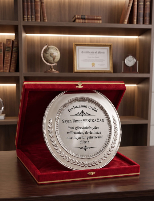 Kadife Kutulu Gümüş Renk Metal Plaket Başak Desenli Kişiye Özel Tebrik Ödül Plaketi Kurumsal Plaketler