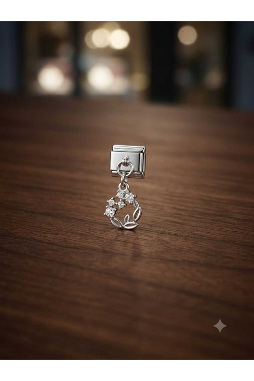 Çiçekli Taşlı Model Paslanmaz Çelik Charm
