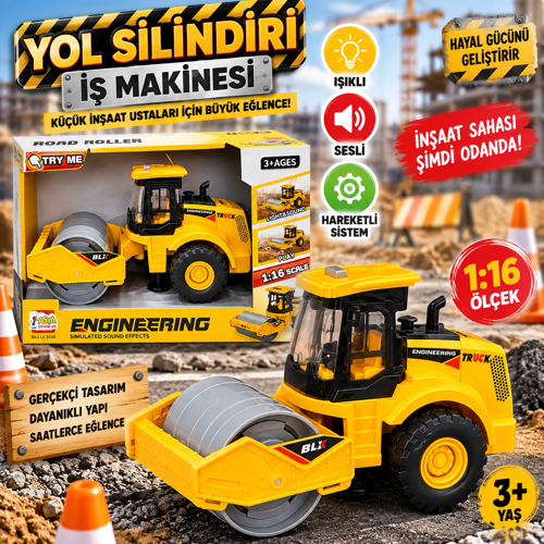 Kutulu Pilli Yol Silindiri İş Makinesi Işıklı ve Sesli 1:16 Ölçekli İnşaat Aracı Oyuncak