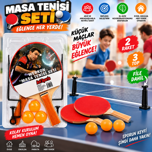 Fileli Masa Tenisi Seti 2 Raket 3 Top ve Fileli Eğlenceli Ping Pong Oyun| Çocuklar ve Yetişkinler İçin