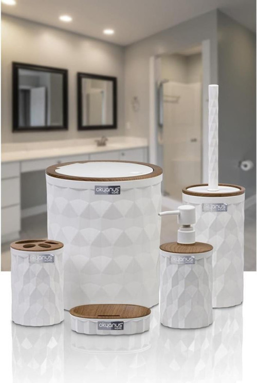 Home Diamond Beyaz Ahşap Click Kapak 5'li Banyo Seti