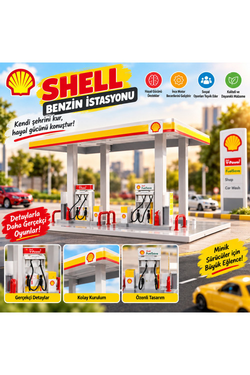 1:64 Benzin İstasyonu Diorama Oyun Seti – Model Araçlar İçin Detaylı Shell Akaryakıt İstasyonu