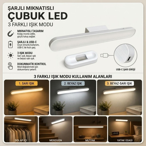 ® Şarjlı Manyetik LED Çubuk Lamba, Dokunmatik, 3 Modlu, Kablosuz Mutfak Dolap Altı ve Dekorati