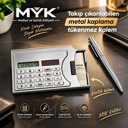 Metal Kaplama Hesap Makineli Kartvizitlik ve Takıp Çıkarılabilir Tükenmez Kalem Seti