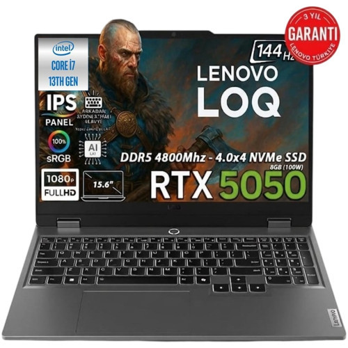 Loq 15IRX10 Intel Core I7-13650HX RTX5050 (8gb) 32GB Ddr5 Ram 1tb SSD WIN11 Pro IPS Panel 15.6" Fhd Taşınabilir Bilgisay