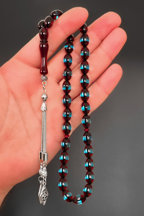Erkek Sürmeli Toz Kehribar Tesbih Bordo Mavi 12x8 mm BT015