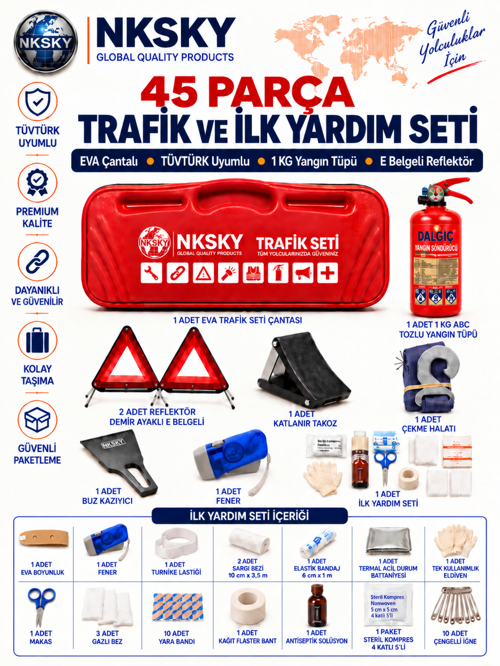 EVA Çantalı 45 Parça Trafik Seti TÜVTÜRK Uyumlu 1 KG Yangın Tüpü İlk Yardım Seti E Belgeli Reflektör