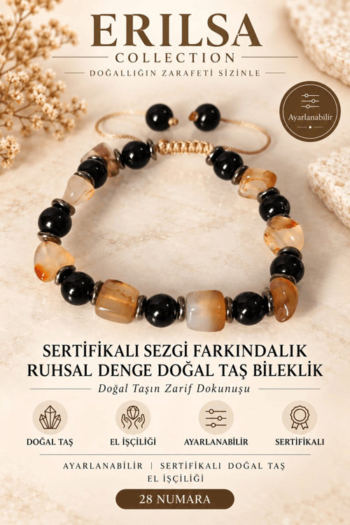 Sertifikalı Sezgi Farkındalık Ruhsal Denge Huzur Meditasyon Doğal Taş Bileklik - Akik, Obsidyen