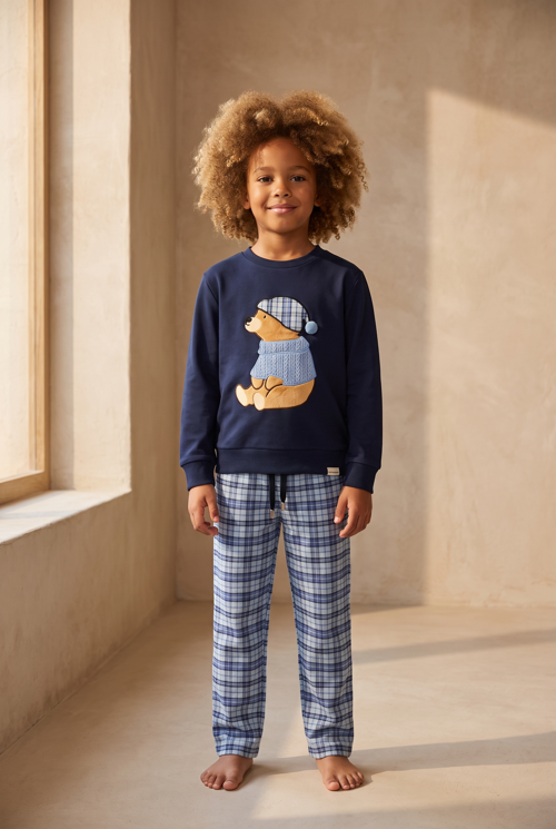Erkek Çocuk Blue Harmony Teddy Desenli Ekoseli Lacivert Pijama Takımı