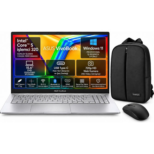 Vivobook X1504MA-BQ784 Intel Core 5-320 16GB Ram 512GB SSD 15.6'' Windows 11 Pro Laptop Gümüş + Snertech Çanta + Mouse