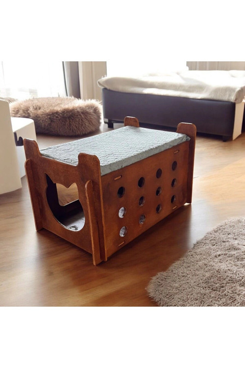 Ed Asia Kedi Evi 2 Katlı Ceviz Renk . Rahat Ve Yıkanabilir Minderi İle Beraber