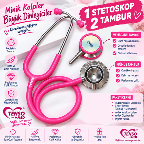 Pediatrik Çocuk Stetoskop I Yetişkin Stetoskopu I Çift Tamburlu Kişiye Özel İsim Yazılı Steteskop I Pembe Stetoskop