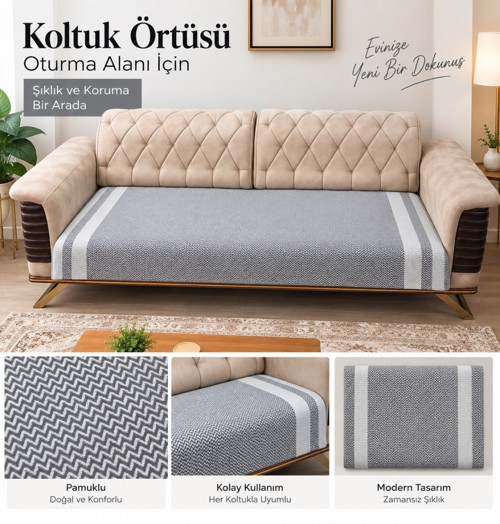 2 Adet Pamuklu Oturma Yerini Örten Zigzag Koltuk Örtüsü (80x210) - Antrasit
