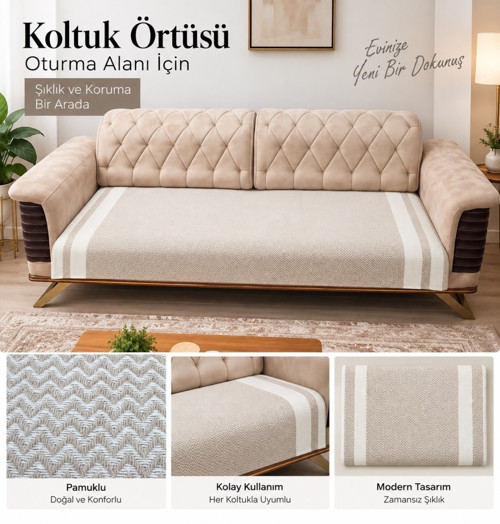 2 Adet Pamuklu Oturma Yerini Örten Zigzag Koltuk Örtüsü (80x210) - Bej