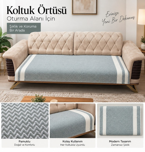 2 Adet Pamuklu Oturma Yerini Örten Zigzag Koltuk Örtüsü (80x210) - Haki Yeşili