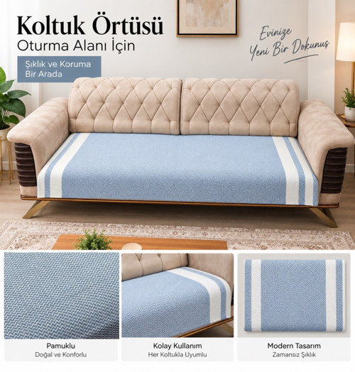 2 Adet Pamuklu Oturma Yerini Örten Zigzag Koltuk Örtüsü (80x210) - İndigo