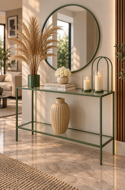 Şeffaf Camlı Yeşil Metal Konsol 100 cm Modern Salon Dresuar