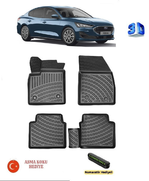 Ford Focus Sedan 2018 Sonrası Uyumlu 3D Havuzlu Paspas (Sağ Yolcuda Klips Yok) ASMA KOKU VE NUMARATÖR HEDİYELİ