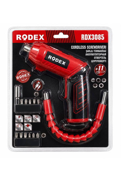 RODEX RDX3085 Şarjlı Tornavida 3.6V Li-Ion 180 RPM 2.5 Nm Tork 11 Parça Uç Seti USB Şarjlı