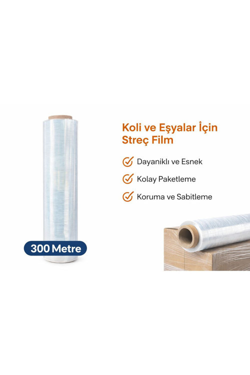 300 Metre Sanayi Tipi El Streç Film - Koli ve Eşya Paketleme Ambalaj Filmi - Dayanıklı Esnek Rulo