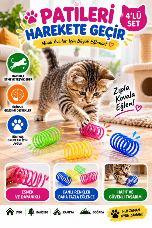 4'lü Renkli Mini Spiral Yay Kedi Oyuncağı Esnek Hafif Hareketli Kedi Oyun Seti Pembe Yeşil Sarı Mavi