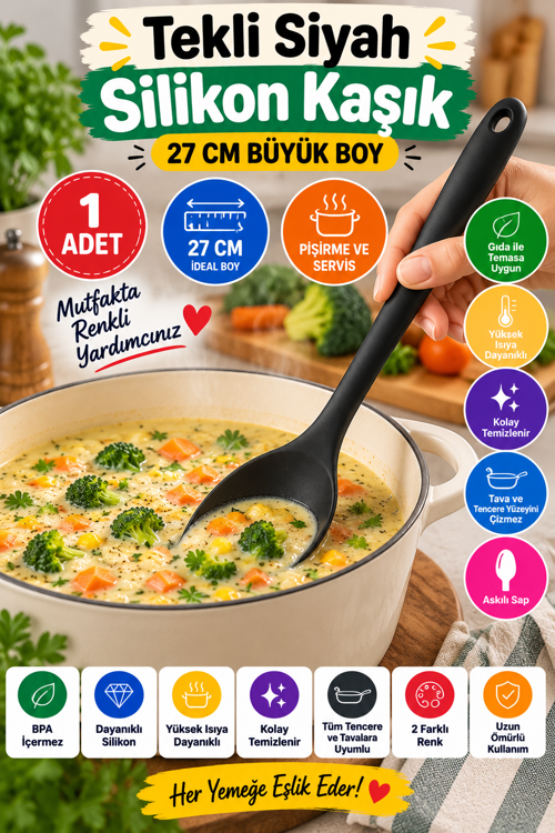 Tekli Siyah Büyük Boy Silikon Kaşık 27 cm Mutfak Yemek Pişirme ve Servis Kaşığı Renkli Mutfak Gereci