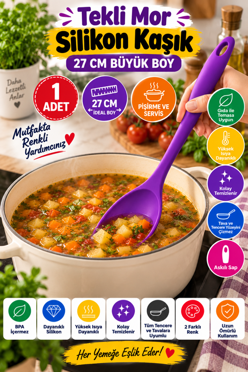 Tekli Mor Büyük Boy Silikon Kaşık 27 cm Mutfak Yemek Pişirme ve Servis Kaşığı Evde Yemek Sunumu İçin