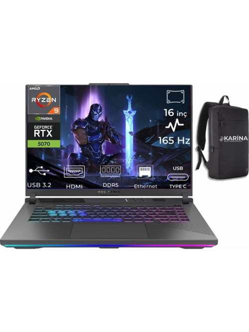 ROG Strix G16 Ryzen 9 8940HX G614PP-RV218-K06 32GB 2TB RTX5070 8GB Freedos 16" Wuxga 165Hz Taşınabilir Bilgisayar