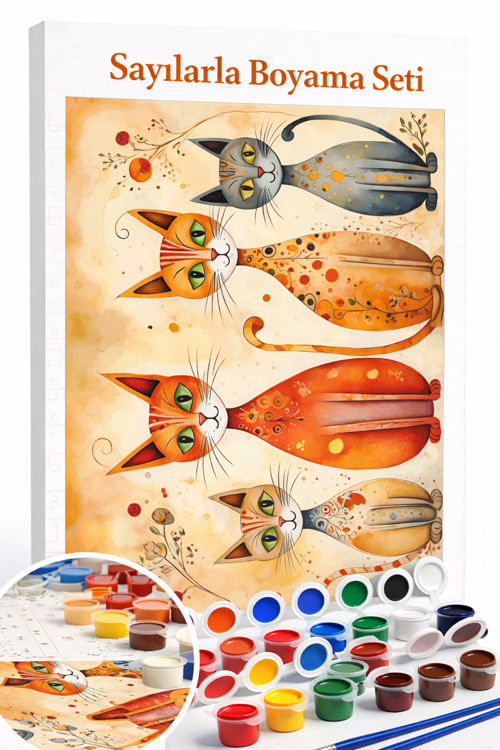 Sayılarla Boyama Çerçeveli Hobi Seti Numaralı Tuval Fırça Boya Dahil KEDİ AİLESİ 40X50CM
