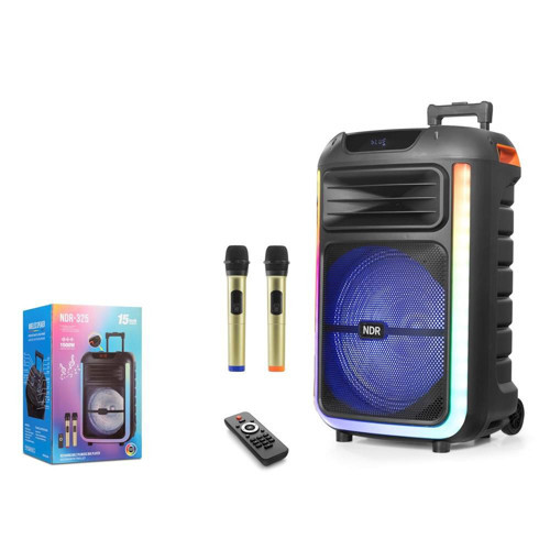 Çift Karaoke Mikrofonlu Bluetooth Hoparlör FM Radyo 40W 15 İnç RGB Kumandalı Siyah