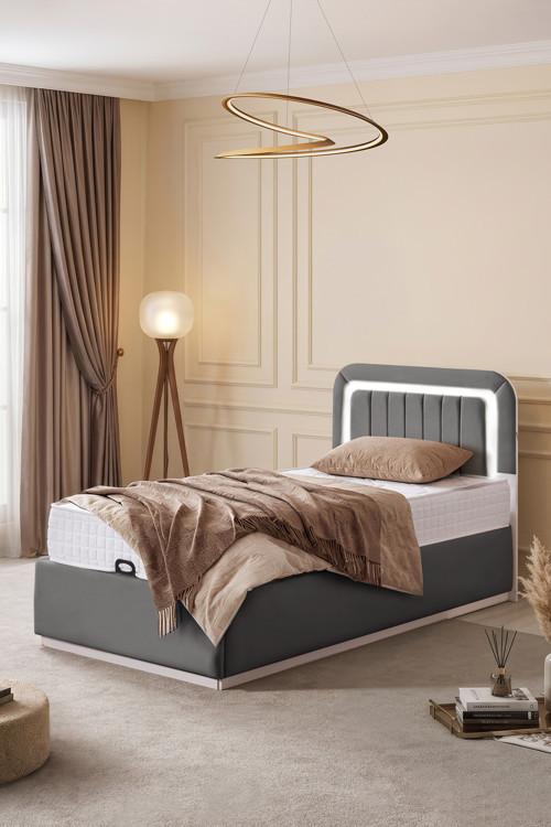 Demonte Baza Seti, Valens Ledli Tek Kişilik Baza Başlık Seti - İkili Set, Gri - 100x200 cm