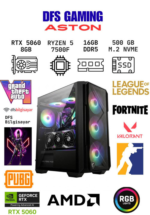 DFS Gaming ASTON RYZEN 5 7500F-B650M-RTX 5060-16GB RAM-512GB M.2 SSD-OYUNCU BİLGİSAYARI