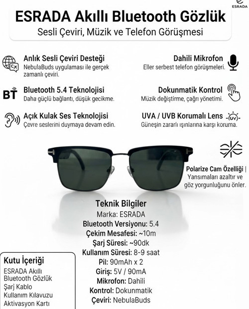 Akıllı Bluetooth Gözlük Sesli Çeviri Özellikli Mikrofonlu UV400 Polarize Güneş Gözlüğü ES255 C01 55-18-140