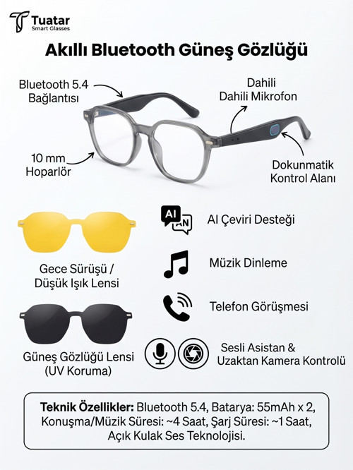 Akıllı Bluetooth Gözlük | Sesli Çeviri, Müzik ve Telefon Görüşmesi | Mavi Işık Korumalı- Klıpslı ES221 C05 51