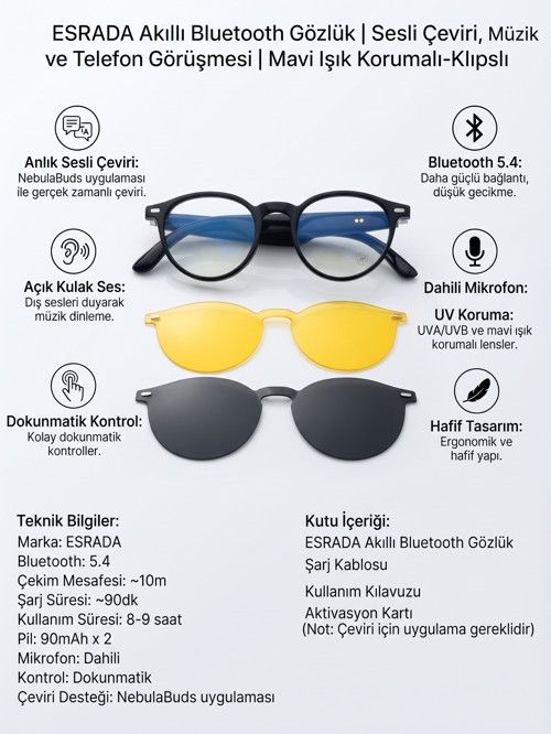 Akıllı Bluetooth Gözlük | Sesli Çeviri, Müzik ve Telefon Görüşmesi | Mavi Işık Korumalı- Klıpslı ES222 C01 49
