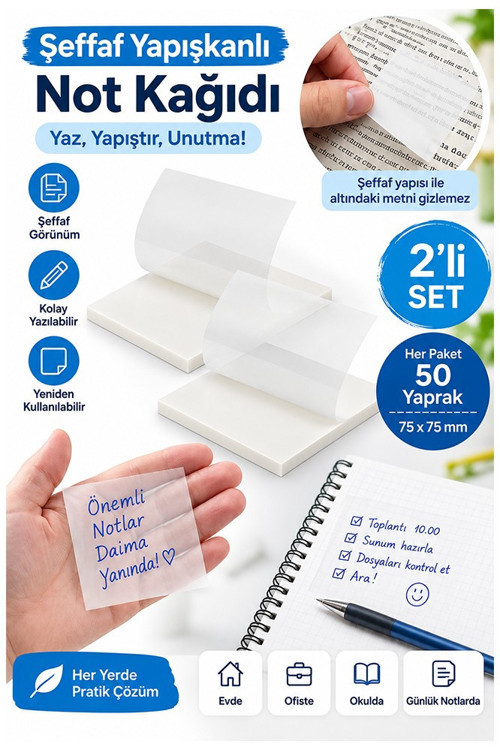 Beyaz Yapışkanlı Şeffaf Not Kağıdı 50 Yaprak 2 Paket Kare Transparan Postit 75x75 mm Yarı Saydam İşaretleyici Aydınger