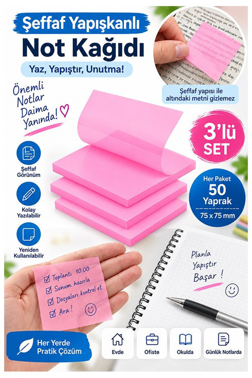 Pembe Yapışkanlı Şeffaf Not Kağıdı 50 Yaprak 3 Paket Kare Transparan Postit 75x75 mm Yarı Saydam İşaretleyici Aydınger