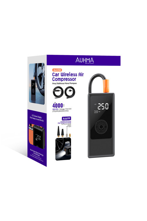A6699 Kablosuz Dijital Araç Hava Kompresörü | 150 PSI | 4000mAh | 4 USB | LCD Ekranlı & LED Iş