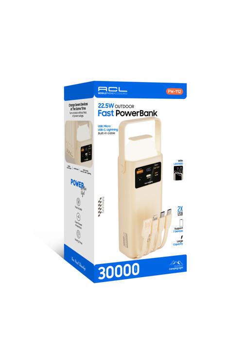 PW-112 22.5W Outdoor Hızlı Şarj Powerbank Beyaz – 30.000mAh Kapasite, Çoklu USB Çıkış, Dahili Ka