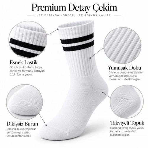 Kaymayan, Nefes Alan Çift Çizgili Kolej Stil Unisex Pamuklu Uzun Soket Çorap (12’li Avantaj Paketi)