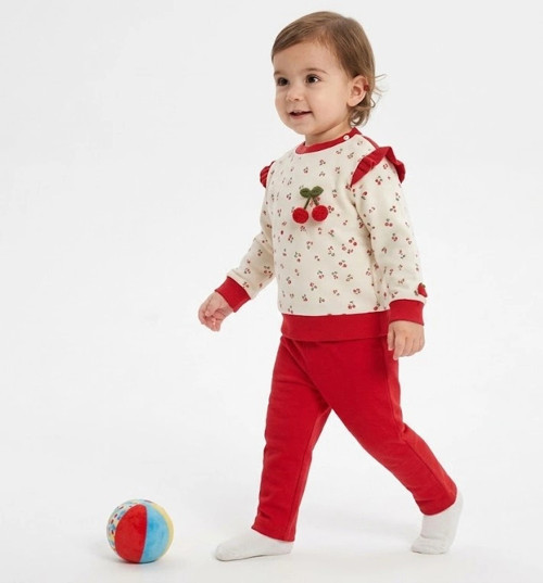 Tahriş Önleyici Korumalı Dikiş & Ekolojik Baskılı Kirazlı Bebek Takımı