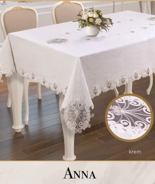 Anna Model Gardenya Keten 160x220 cm Dantelli Tek Masa Örtüsü Krem Şık Tablecloth