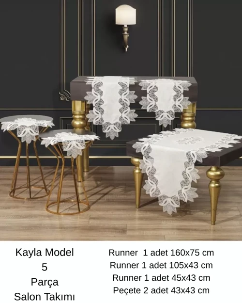Salon Takımı 5 Parça Keten Masa Örtüsü Runner Seti Çeyizlik Kayla Model No 22252 Krem-Gold